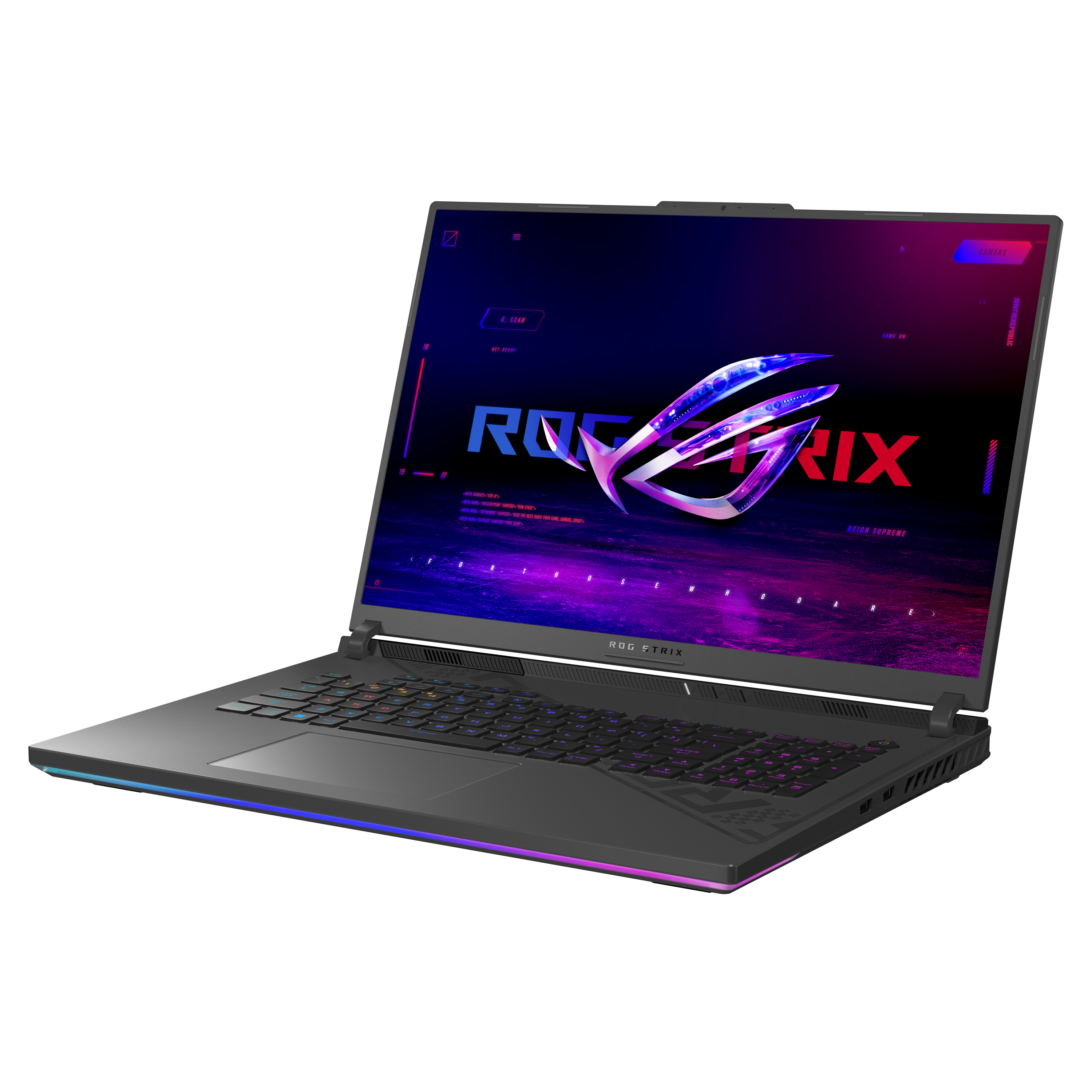Schwarzer Laptop mit farbiger Tastaturbeleuchtung, ROG Strix Logo auf dem Bildschirm.