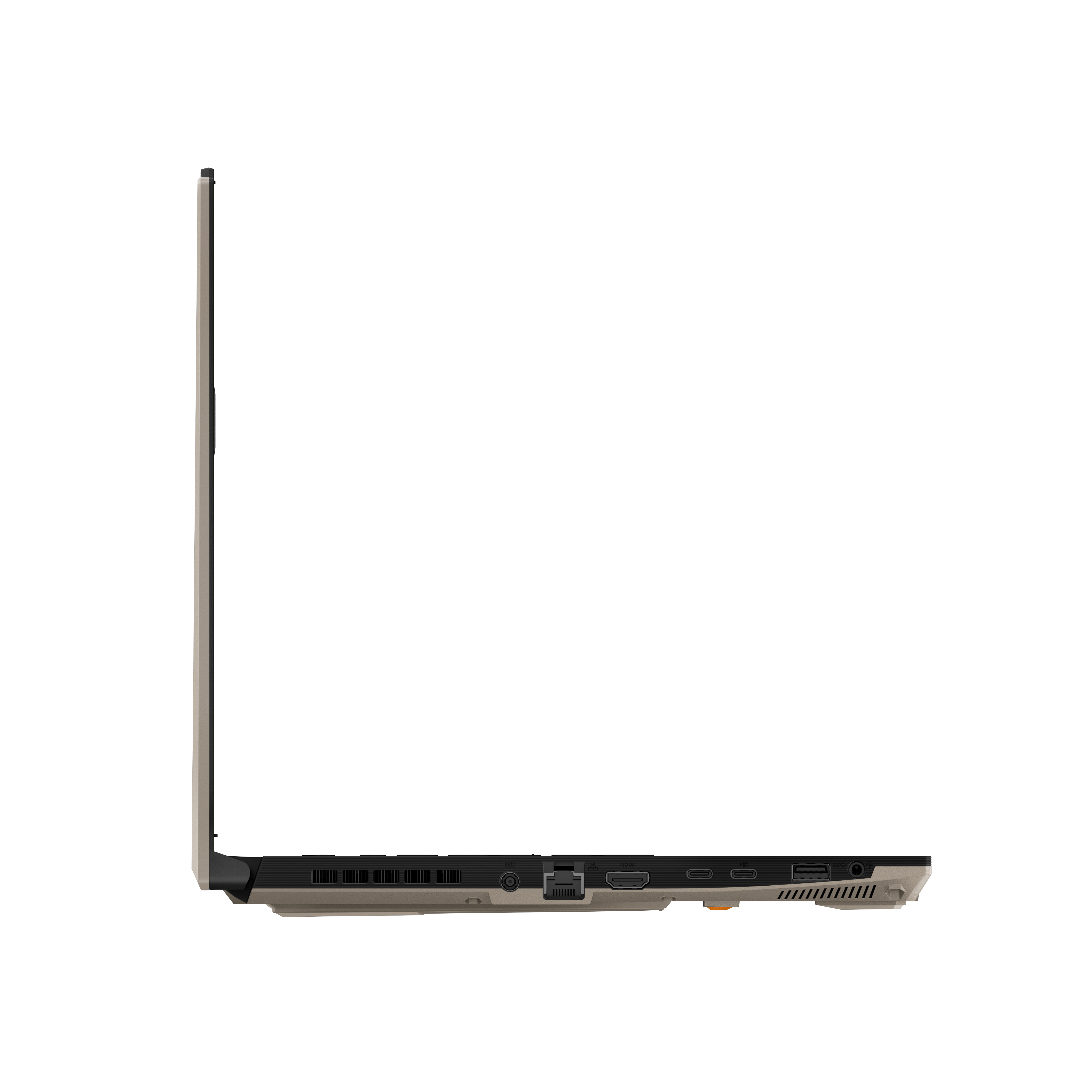 Seitenprofil eines beigefarbenen Laptops, Anschlüsse sichtbar, Scharnier oben.