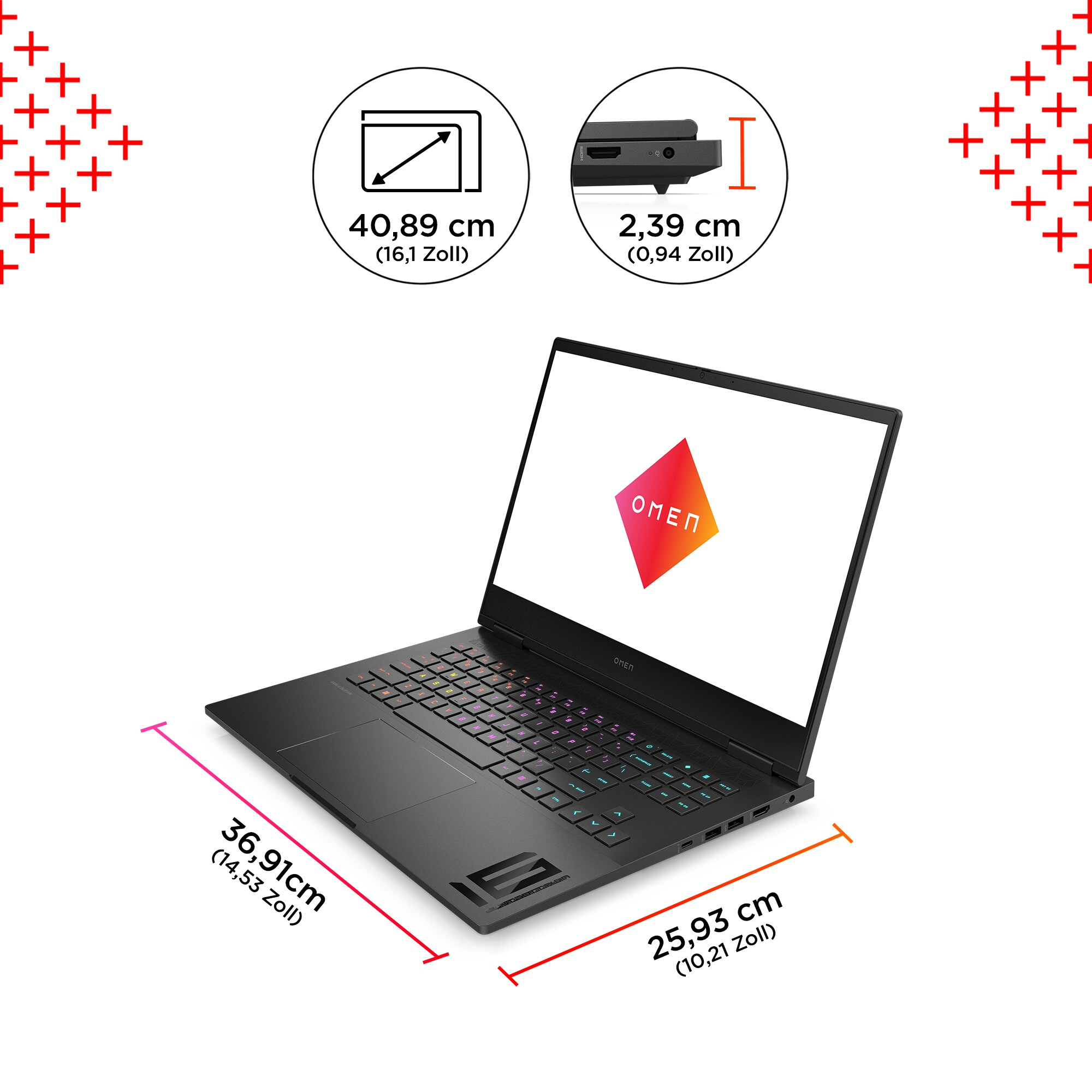 Schwarzer Laptop geöffnet mit bunter Tastatur, Abmessungen und OMEN-Logo auf dem Bildschirm.