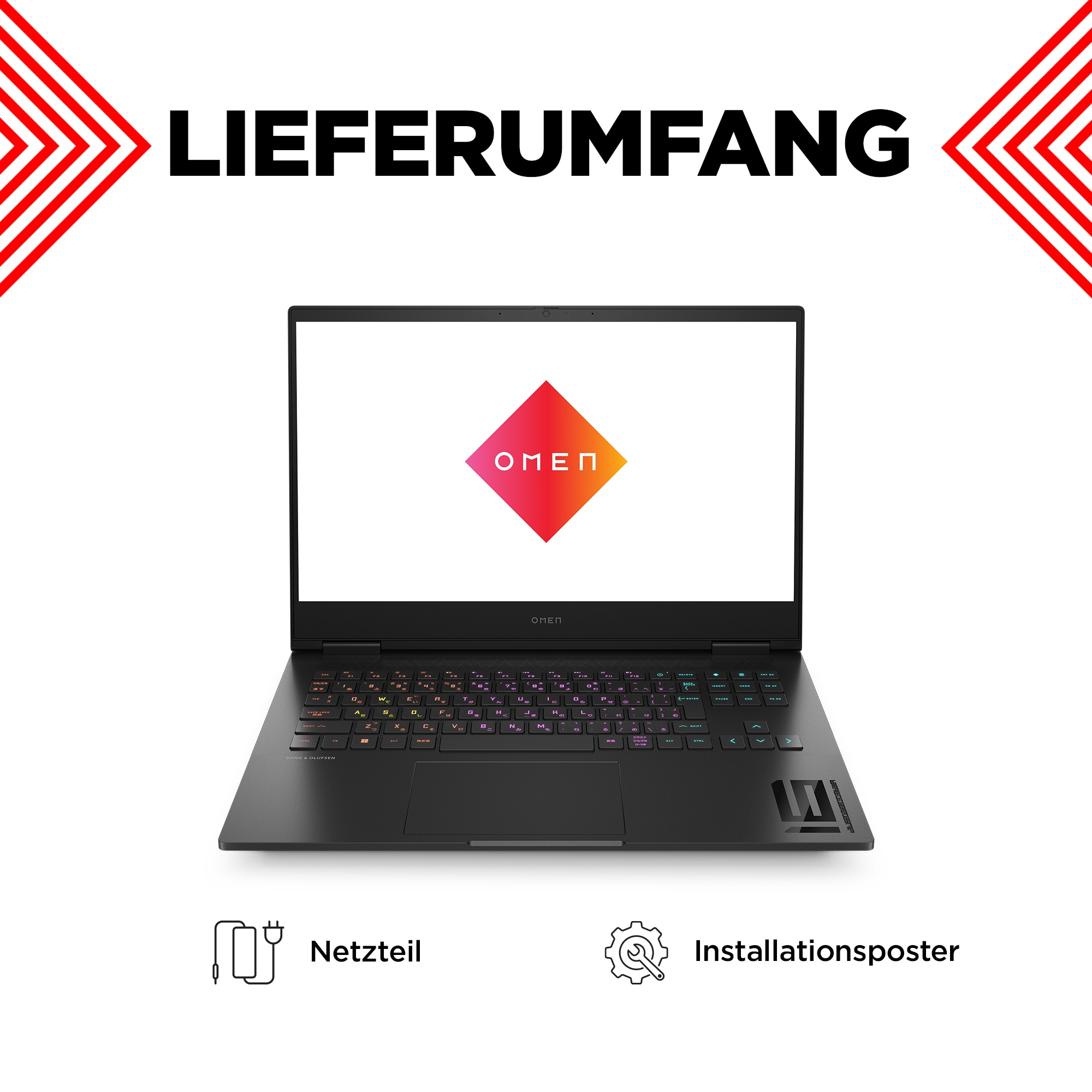Ein schwarzer Laptop mit dem OMEN-Logo und etwas Zubehör auf dem Tisch.