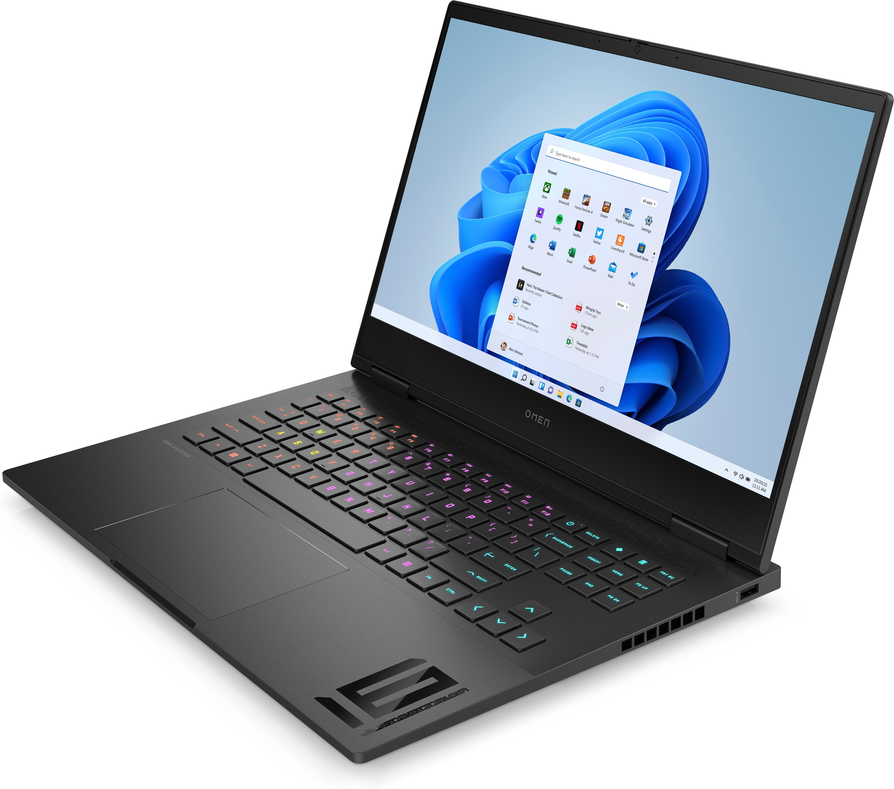 Schwarzer Laptop mit beleuchteter Tastatur. Der Bildschirm zeigt das Windows 11 Startmenü.