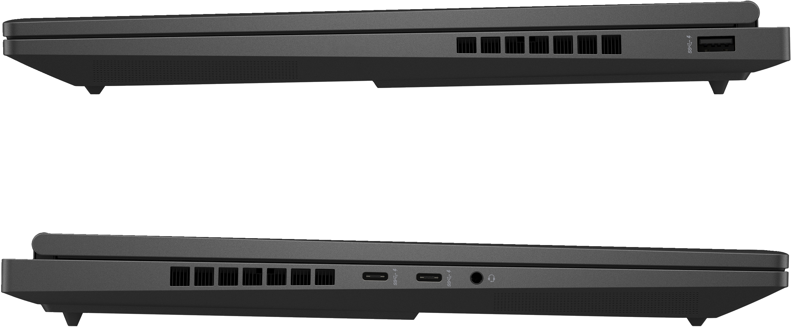 Zwei Laptops Seitenansicht, beide grau mit Lüftungsschlitzen. Einer mit USB-Anschluss, einer mit anderen Anschlüssen.