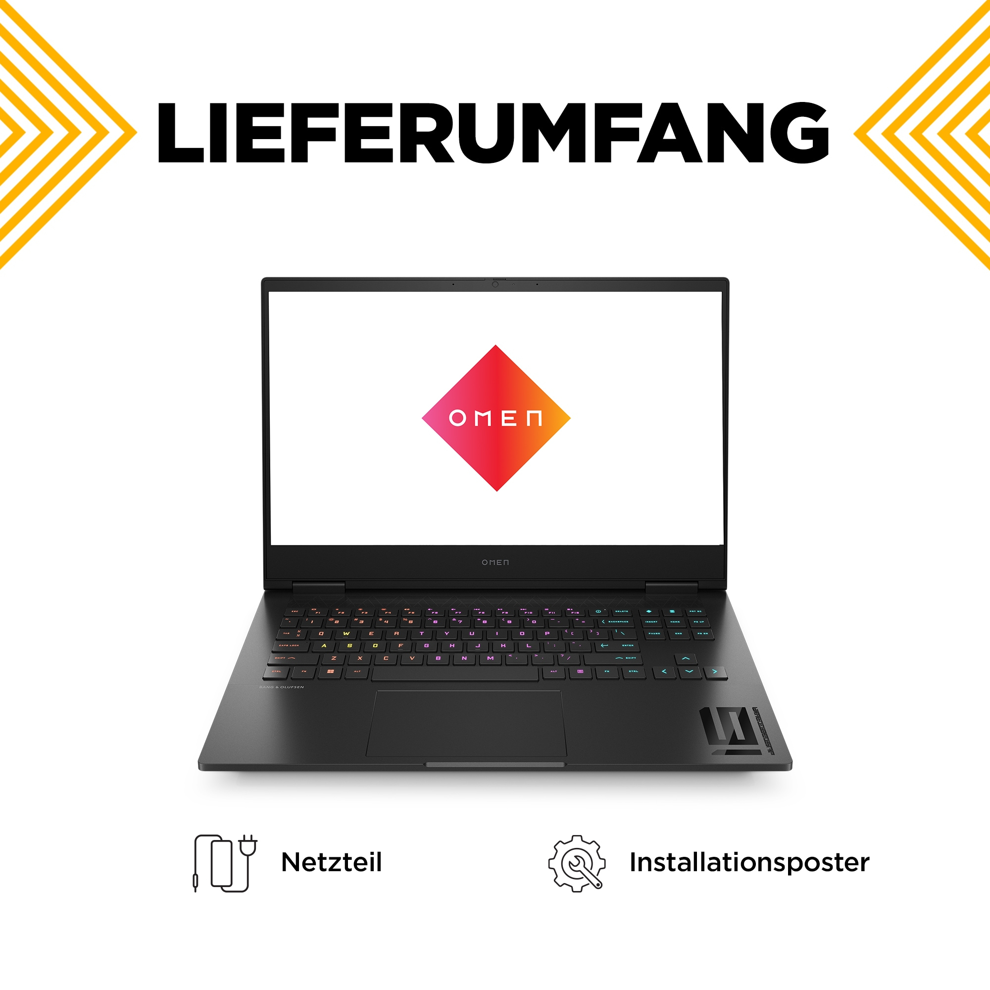 Schwarzer Laptop mit OMEN Logo auf dem Bildschirm, Netzteil und Installationsposter.