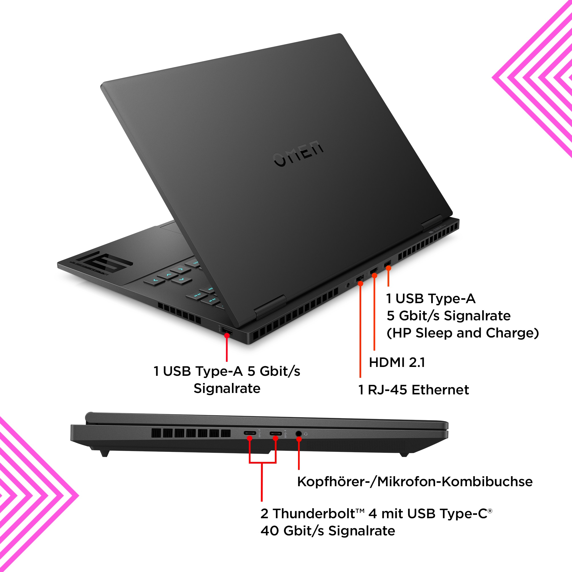 Ein schwarzer Laptop mit Beschriftungen für Anschlüsse, einschließlich USB.