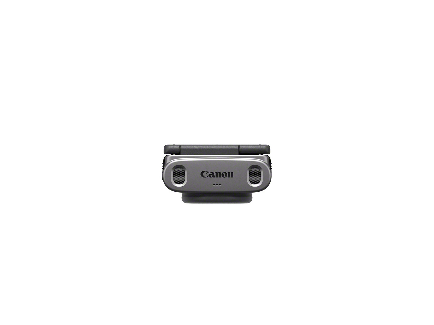 Kleines, silbernes Canon-Mikrofon. Es hat zwei Lautsprechergitter und ein Canon-Logo. Von oben gesehen.