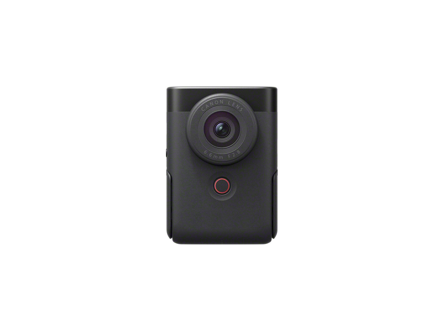 Small, black square camera with a lens and a red button on the front.