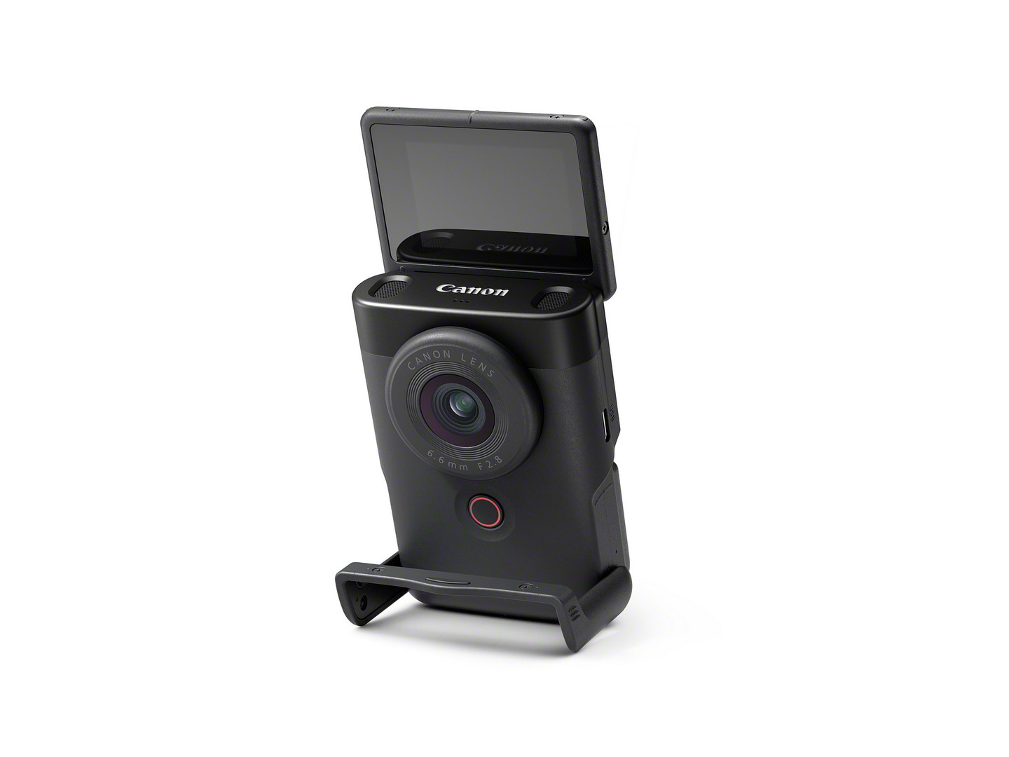 Black Canon camera with a flip-out screen, on a white background.