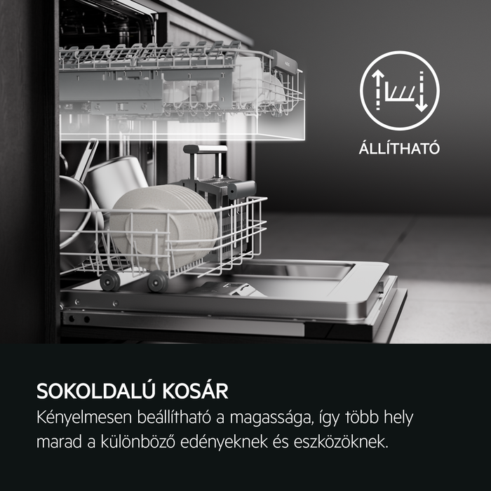 Egy mosogatógép egy kosárral, amelynek magassága állítható.