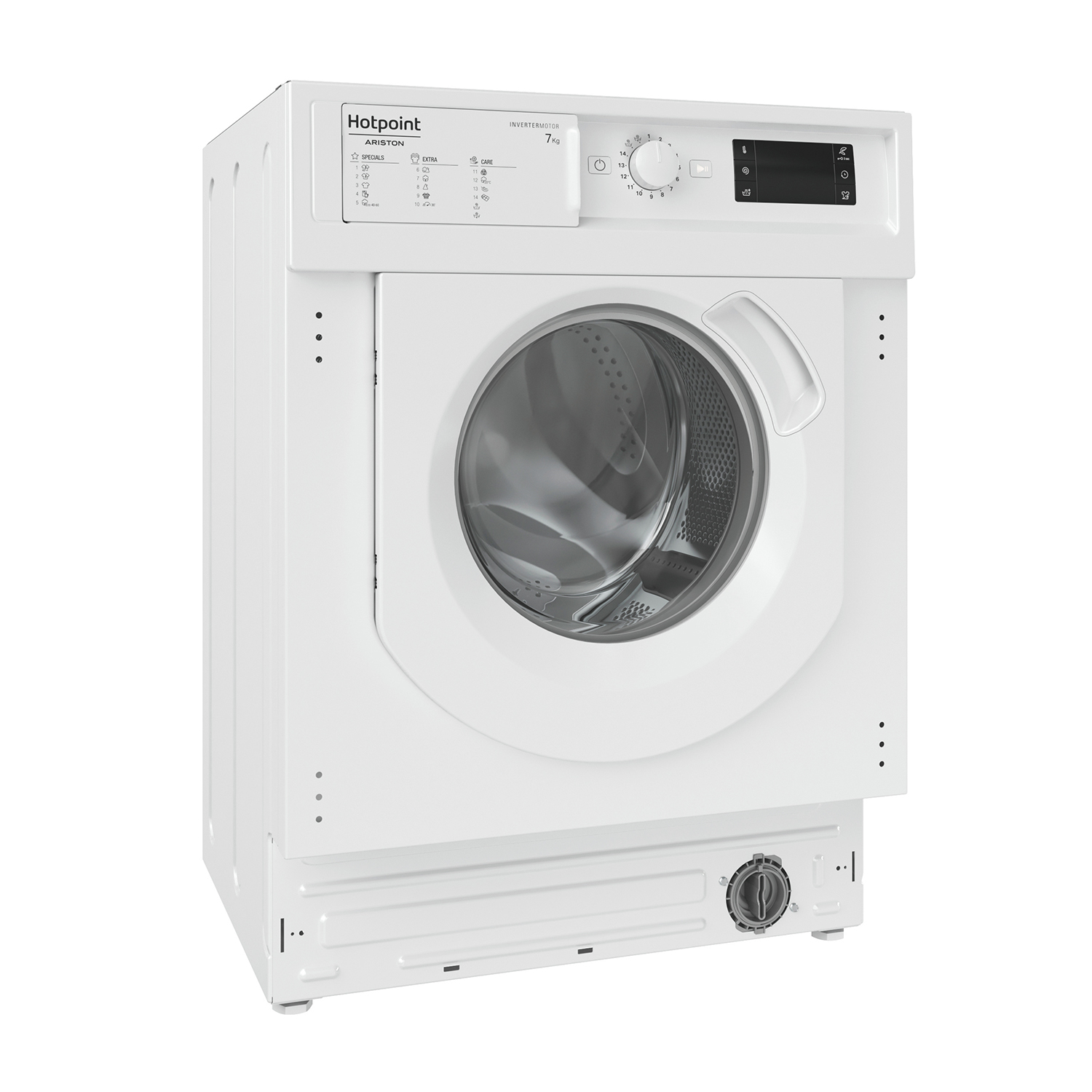 Una lavatrice bianca Hotpoint-Ariston. Ha uno sportello frontale e un pannello di controllo sulla parte superiore.
