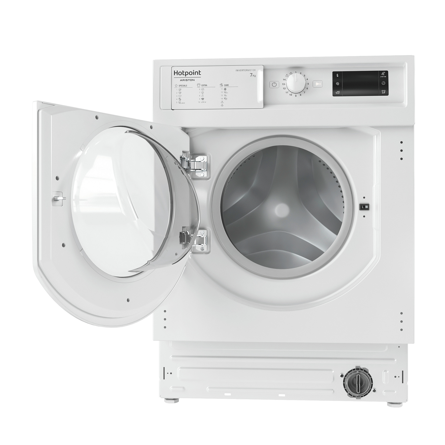 Lavatrice Hotpoint bianca. Porta aperta, rivela il cestello e i comandi sul pannello superiore.