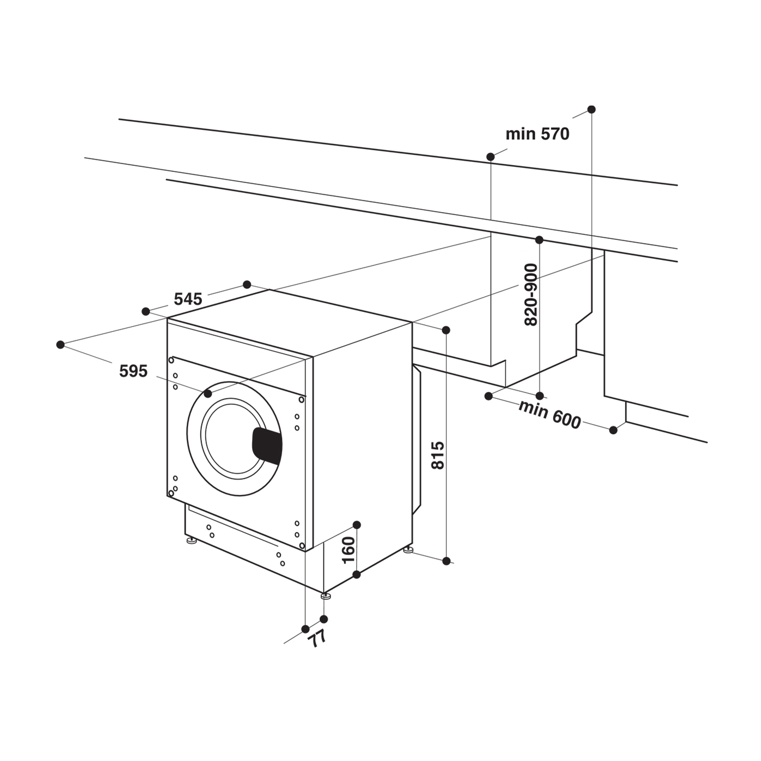Disegno isometrico di una lavatrice. Mostra dimensioni e punti di collegamento.