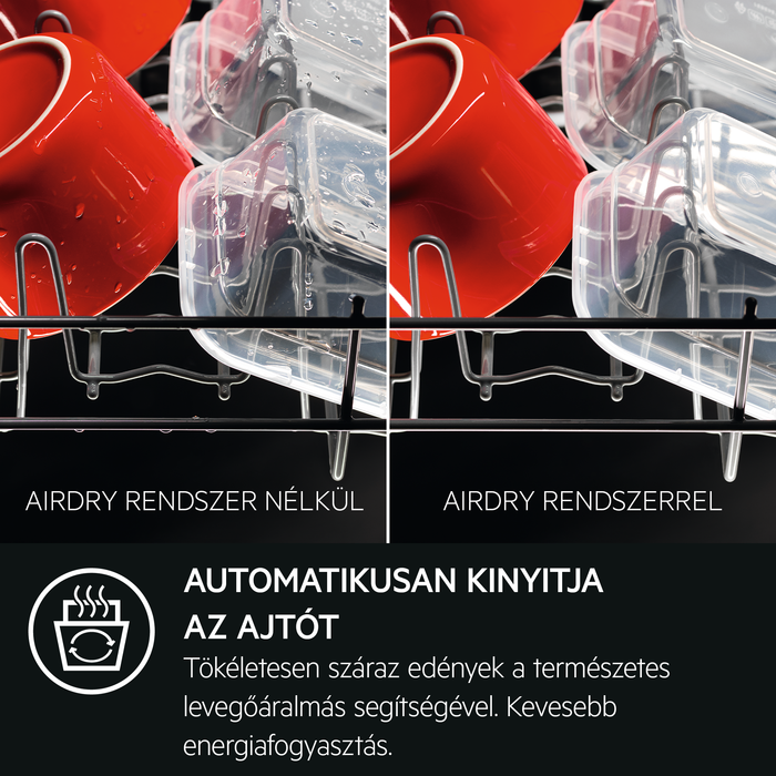 Közelkép mosogatógép állványokról piros bögrékkel és átlátszó tartályokkal. Automatikus ajtónyitás leírása.