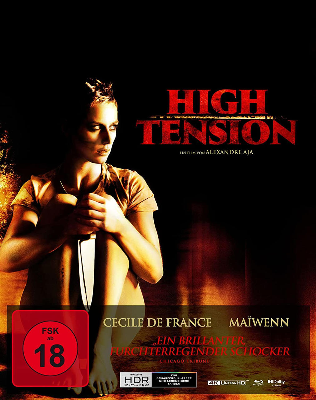 Filmposter für High Tension, eine Frau mit Messer.