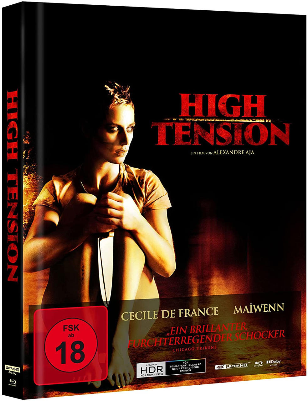 DVD-Cover für 'High Tension' mit einer Frau mit einem Messer.