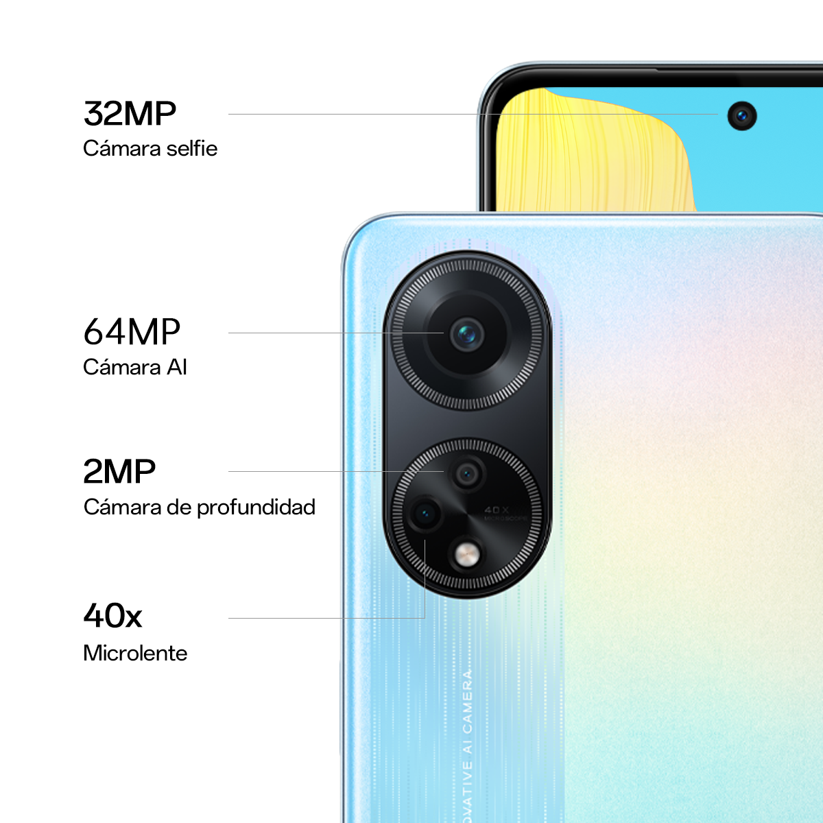 Un smartphone con especificaciones detalladas de la cámara; cámara selfie, cámara AI, cámara de profundidad y microlente.