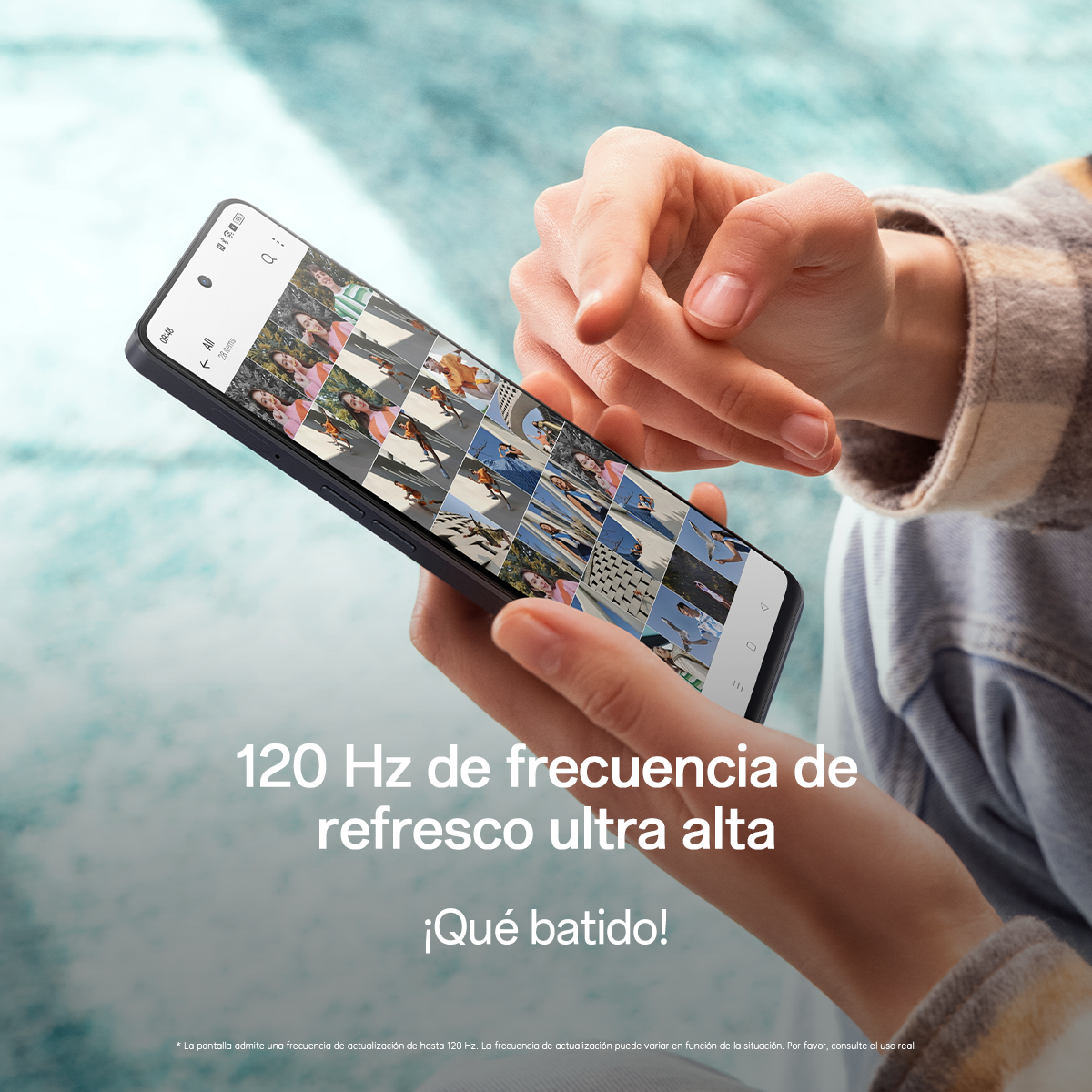 Una pantalla de teléfono mostrando fotos con texto sobre una frecuencia de actualización de 120 Hz.