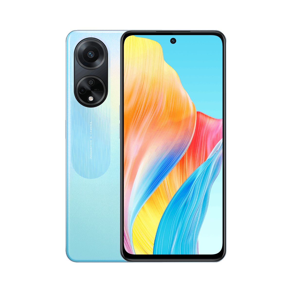 Un teléfono inteligente azul claro con dos cámaras y una pantalla colorida.