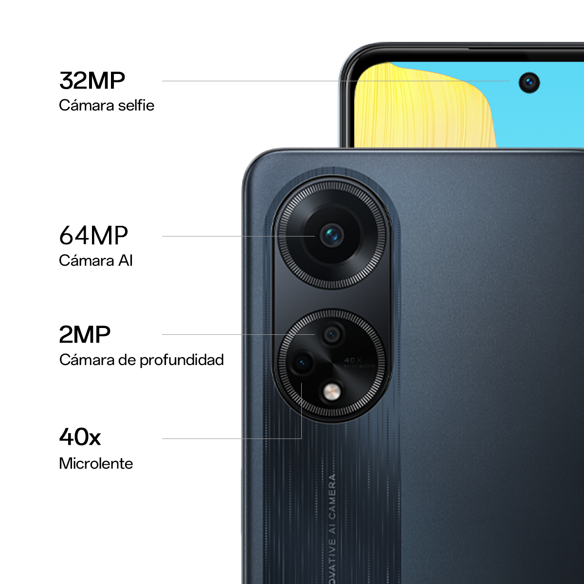Primer plano del conjunto de cámaras de un teléfono: selfie de 32MP, IA de 64MP, profundidad de 2MP y microlente de 40x.