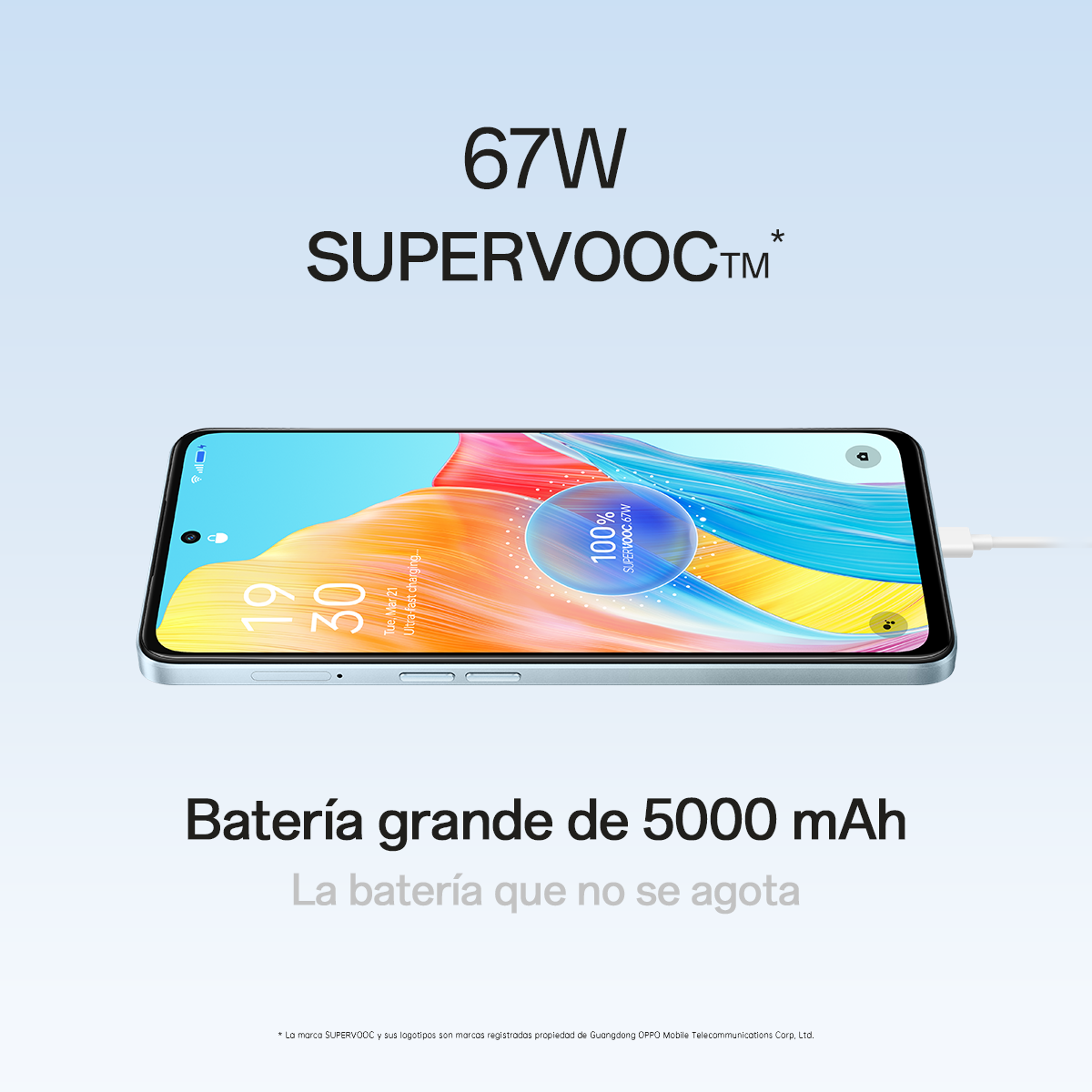 Un teléfono inteligente que muestra una pantalla de carga, con texto '67W SUPERVOOC' e información de la batería.
