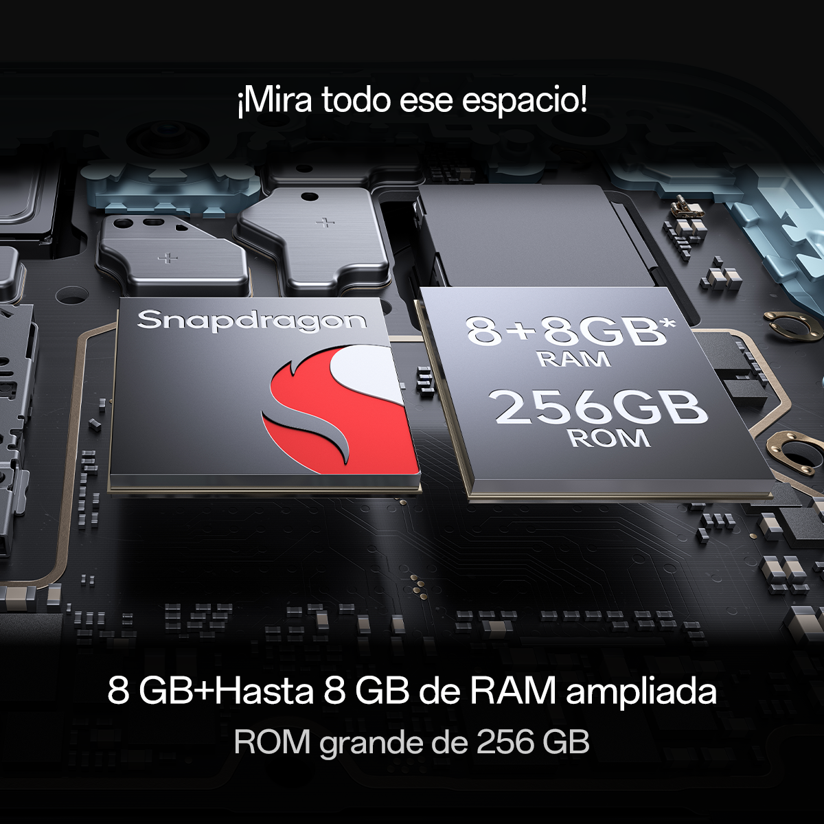 Primer plano de componentes del teléfono: Snapdragon, RAM y ROM, con texto '8 GB + hasta 8 GB RAM' y '256 GB ROM'.
