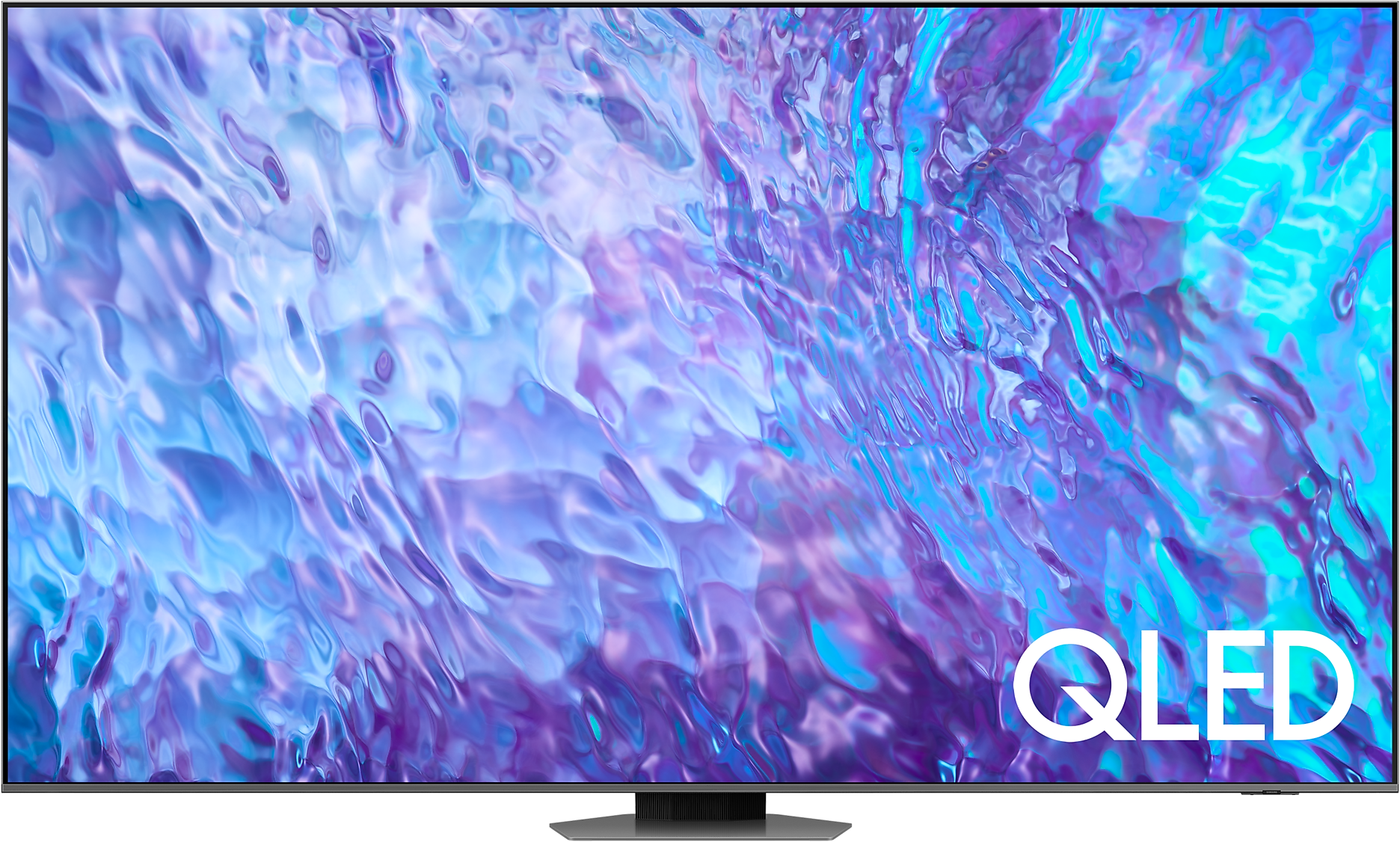 QLED TV képernyő kék és lila absztrakt hátteret jelenít meg, ezüst állvánnyal.