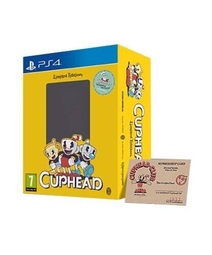Pudełko gry Cuphead Limited Edition PS4, z tytułem gry i postaciami oraz kartą członkowską.