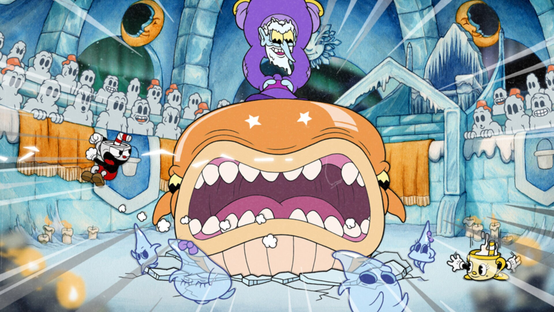 Postać Cuphead uciekająca przed gigantycznym wielorybem z wściekłą postacią lodu.