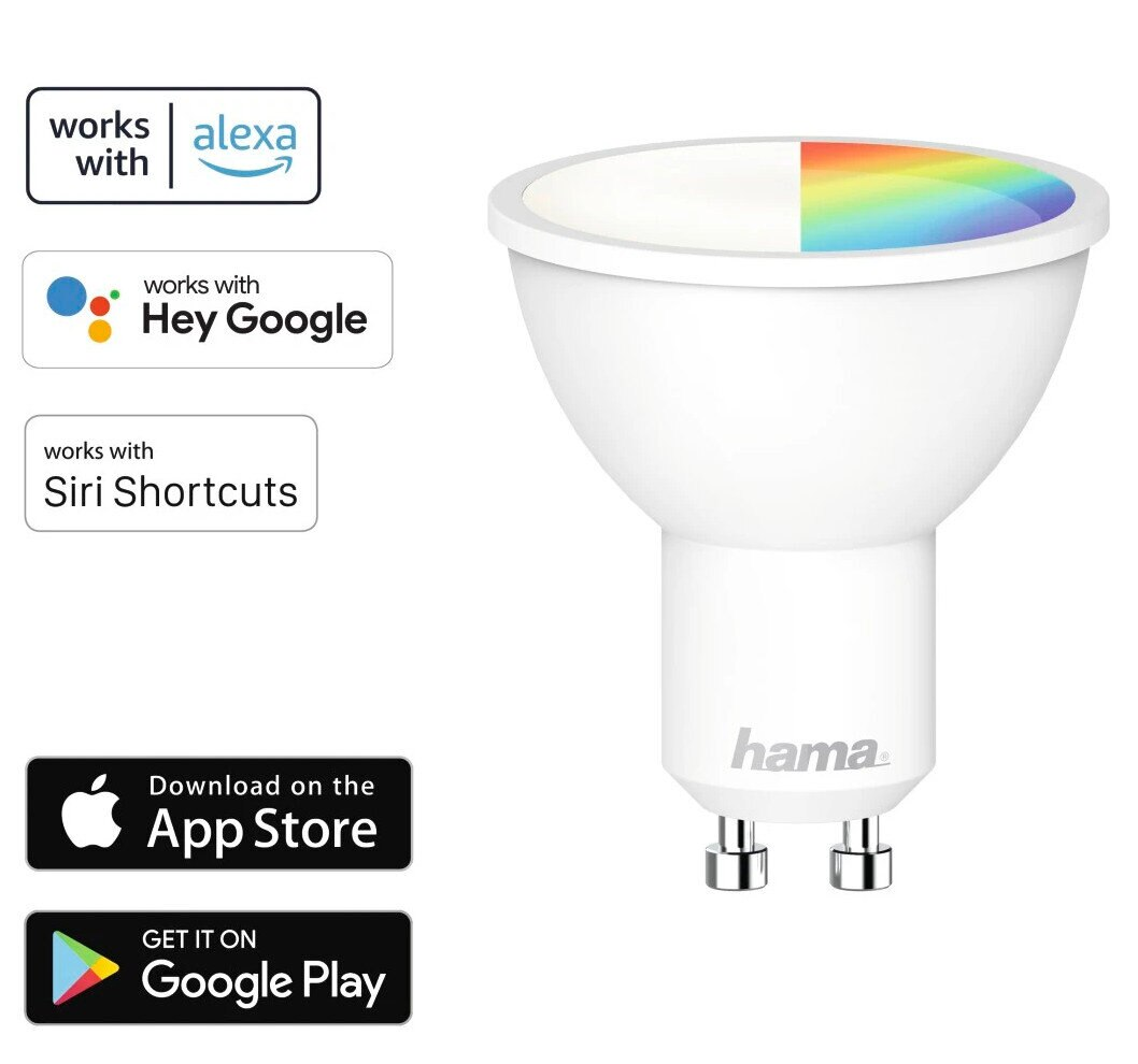 Biała inteligentna żarówka z gradientami kolorów i logo asystentów głosowych i sklepu z aplikacjami.
