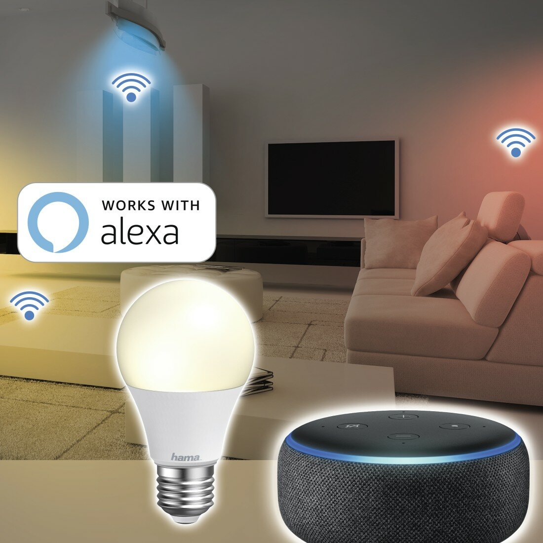 Biała inteligentna żarówka świeci. Jest w pokoju oświetlonym kolorowymi światłami, w pobliżu inteligentny głośnik.