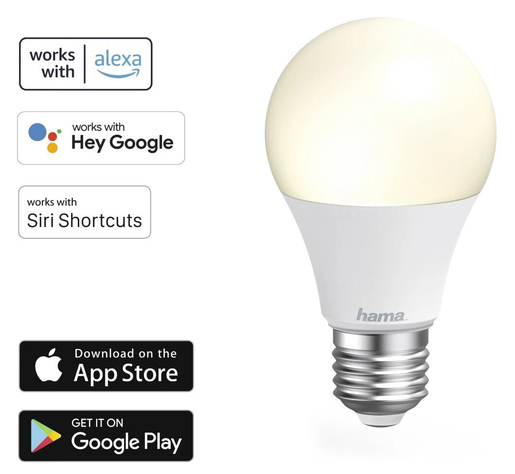 Biała inteligentna żarówka z ikonami wskazującymi kompatybilność z asystentami głosowymi i sklepami z aplikacjami.