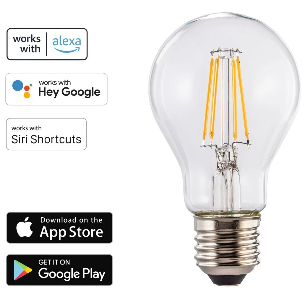 Żarówka z kilkoma ikonami i napisem 'works with Alexa, Hey Google, Siri shortcuts'.