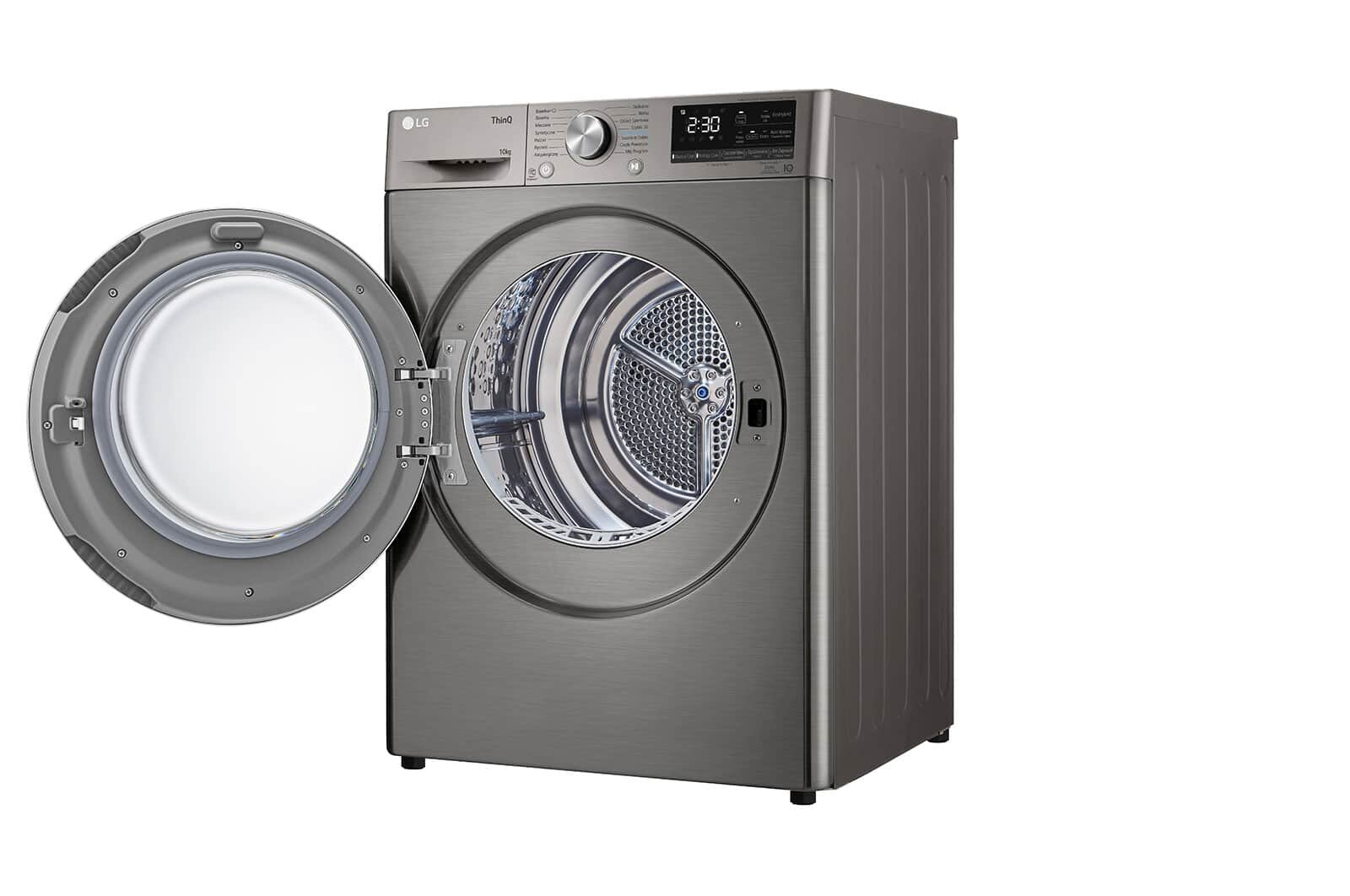 Biała pralka widziana z góry. Ma czarne drzwi i panel sterowania.