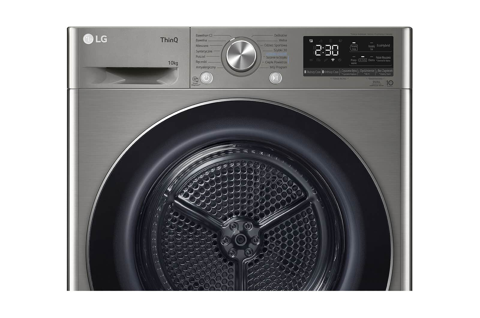 Widok z przodu srebrnej pralki LG z wyświetlaczem cyfrowym i przyciskami.