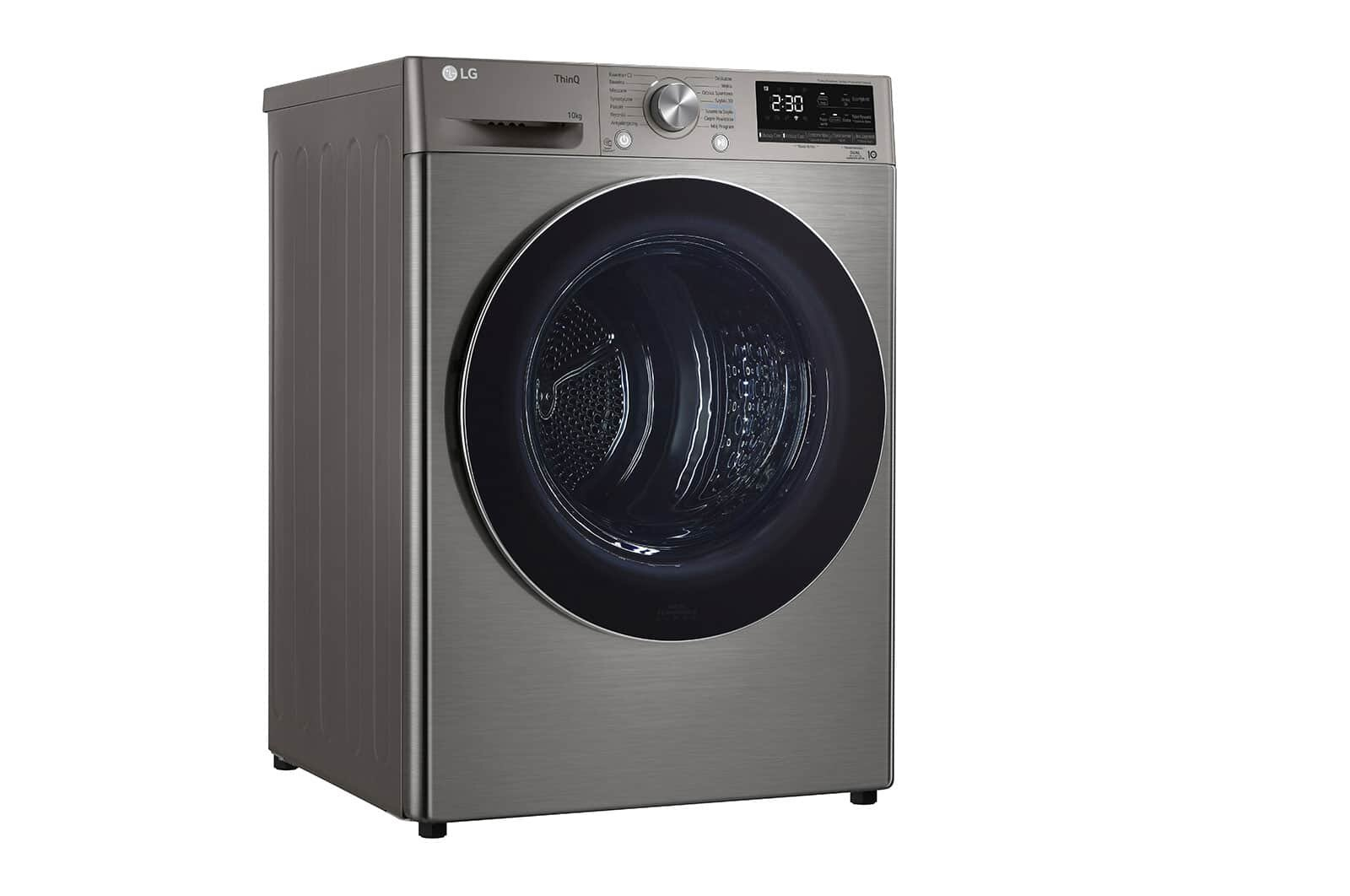 Pralka LG ThinQ, w kolorze srebrnym, na białym tle.