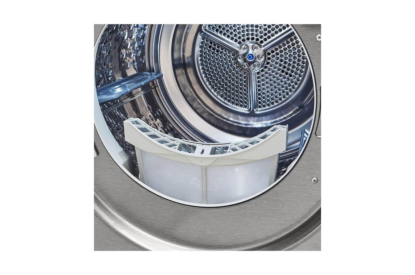 Wewnątrz srebrnej suszarki, filtr jest na środku.