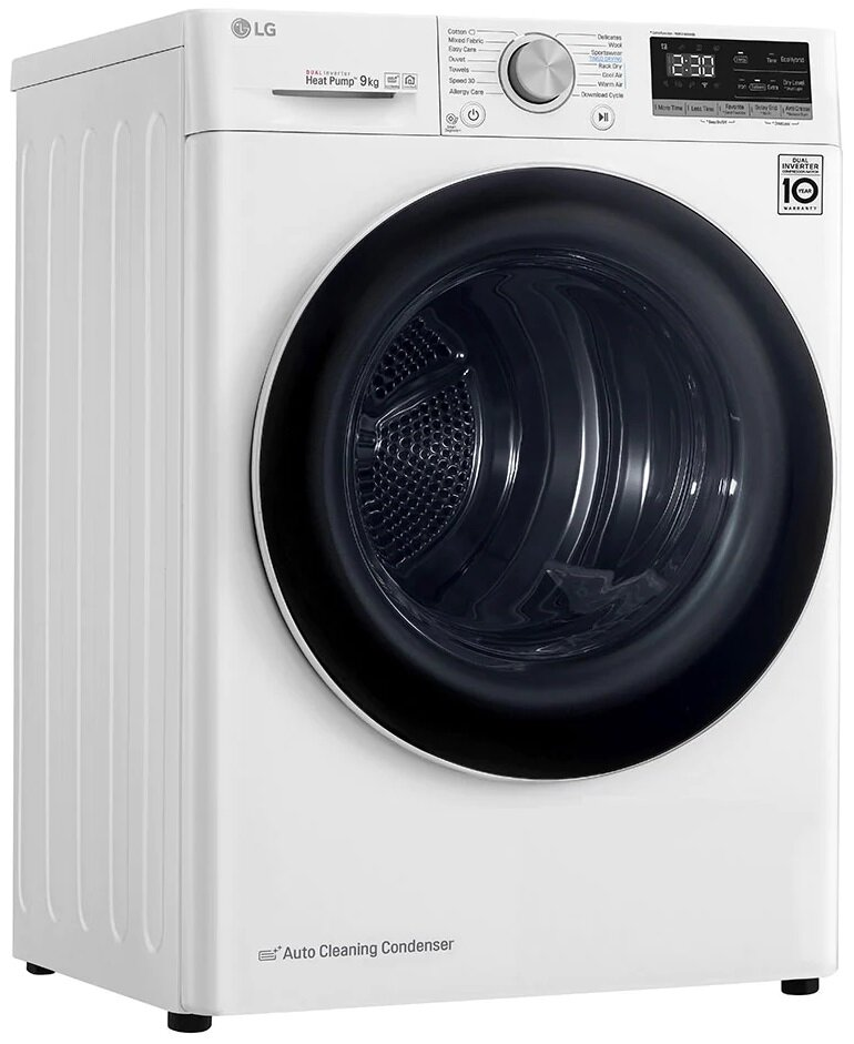 Biała suszarka LG. Czarne przednie drzwi, panel sterowania i wyświetlacz cyfrowy. Białe tło.