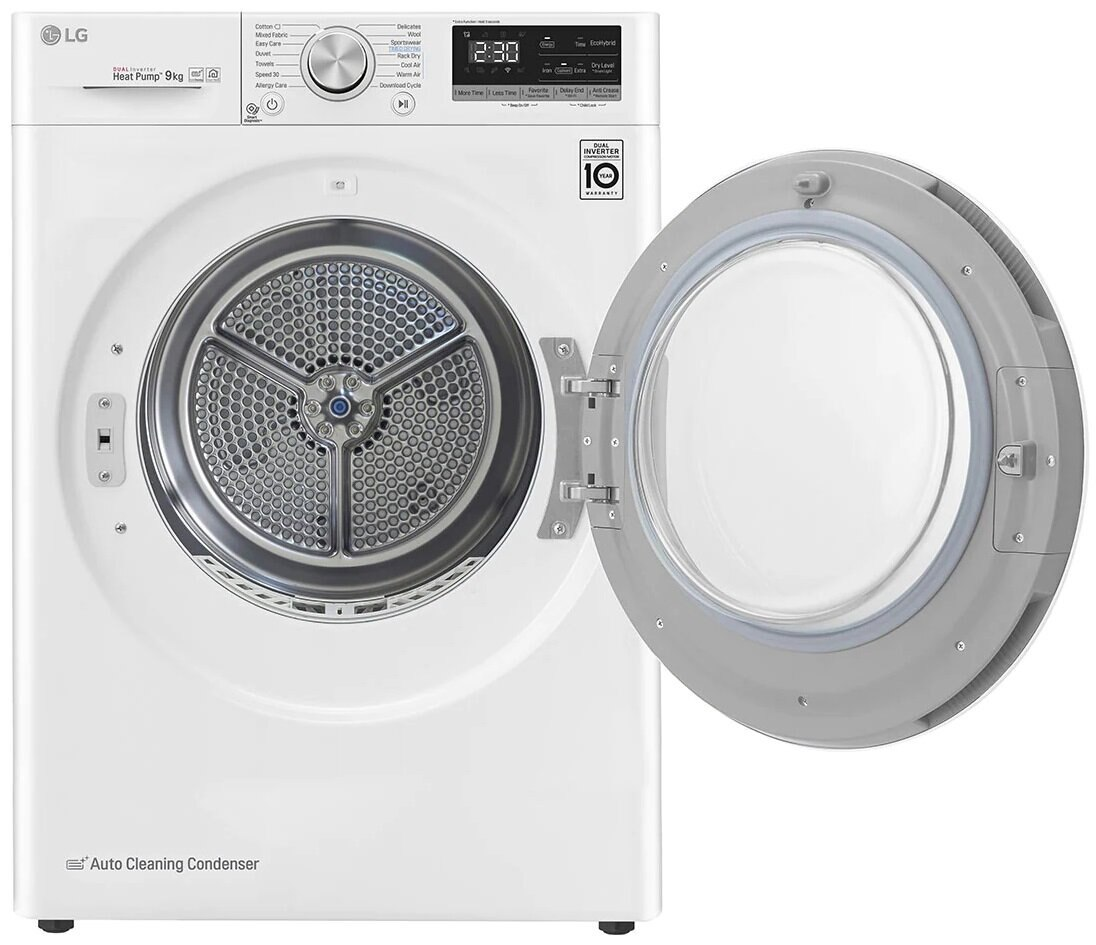 Biała suszarka LG Heat Pump z otwartymi drzwiami, odsłaniająca bęben. Widoczny panel sterowania.