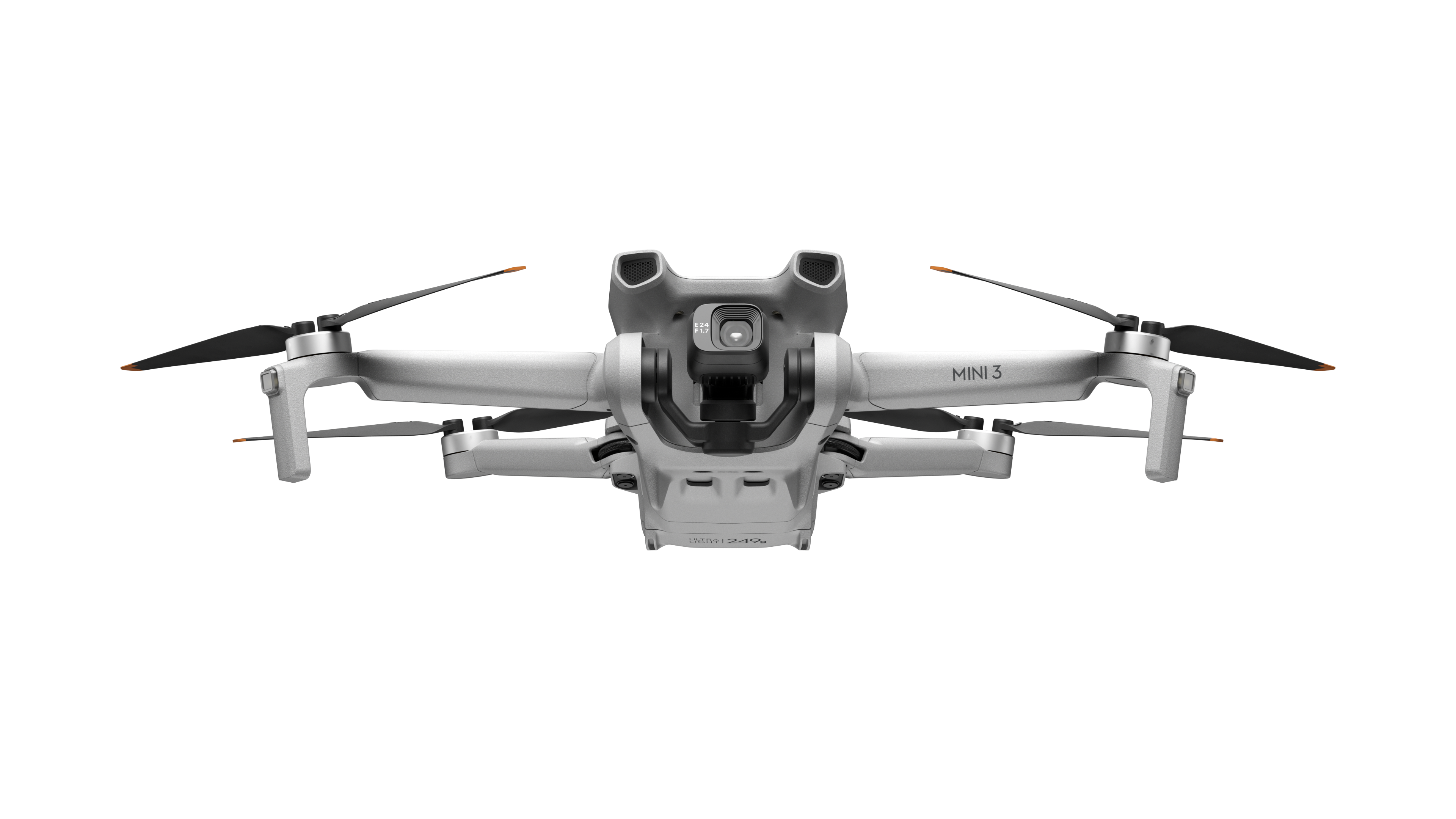 Un dron DJI Mini 3 blanco contra un fondo negro. El dron está centrado.