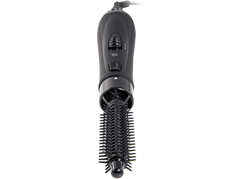 Cepillo para peinar el cabello, vista superior, negro con cerdas que muestran el cepillo.