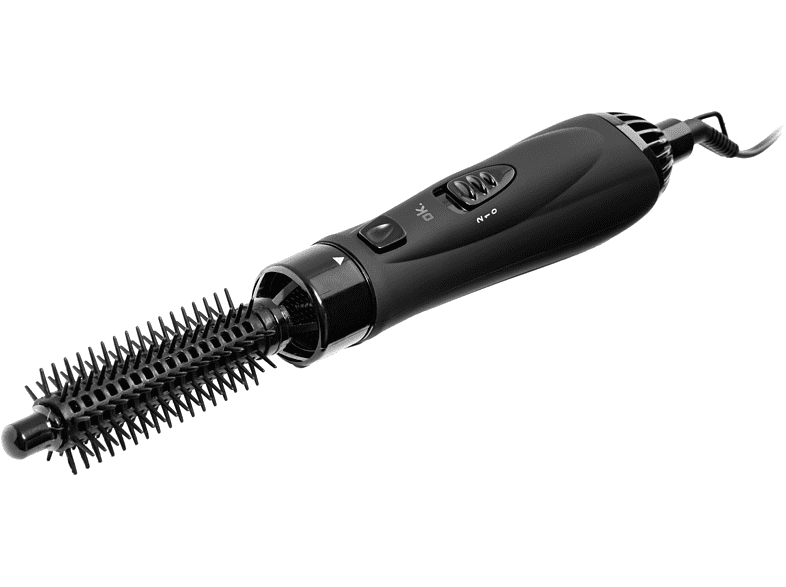 Un cepillo negro para peinar el cabello con un cabezal giratorio. El mango tiene varios controles.