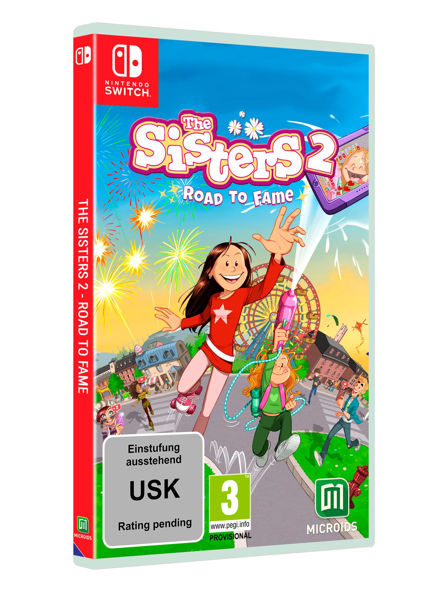 Caja de juego de The Sisters 2: Road to Fame para Nintendo Switch. Ilustración de una niña en la portada.