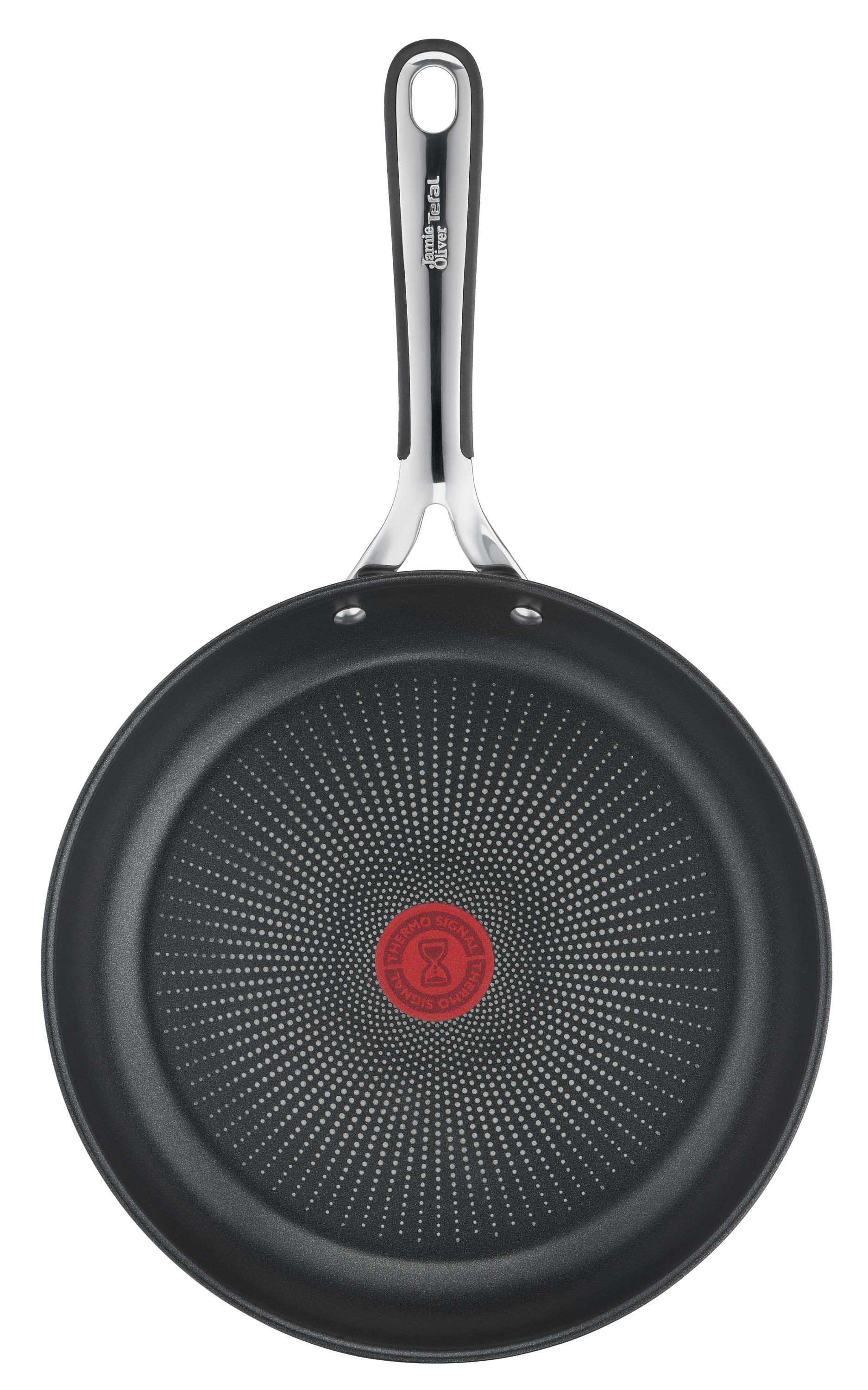 Tefal Bratpfanne, Draufsicht, Antihaftbeschichtung, roter Kreis in der Mitte.
