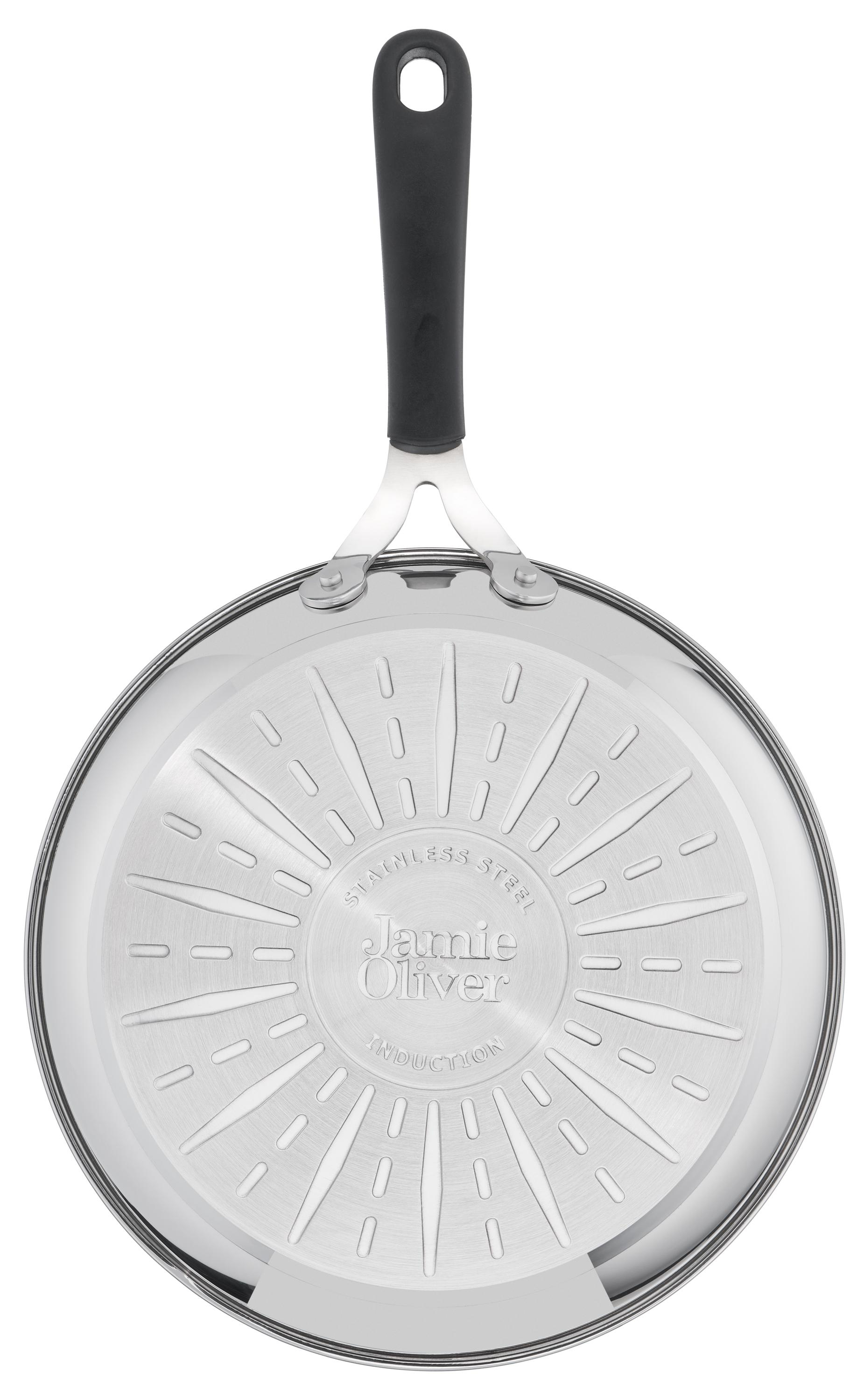 Edelstahl-Bratpfannenboden mit Jamie-Oliver-Logo und Induktionsmarkierung.