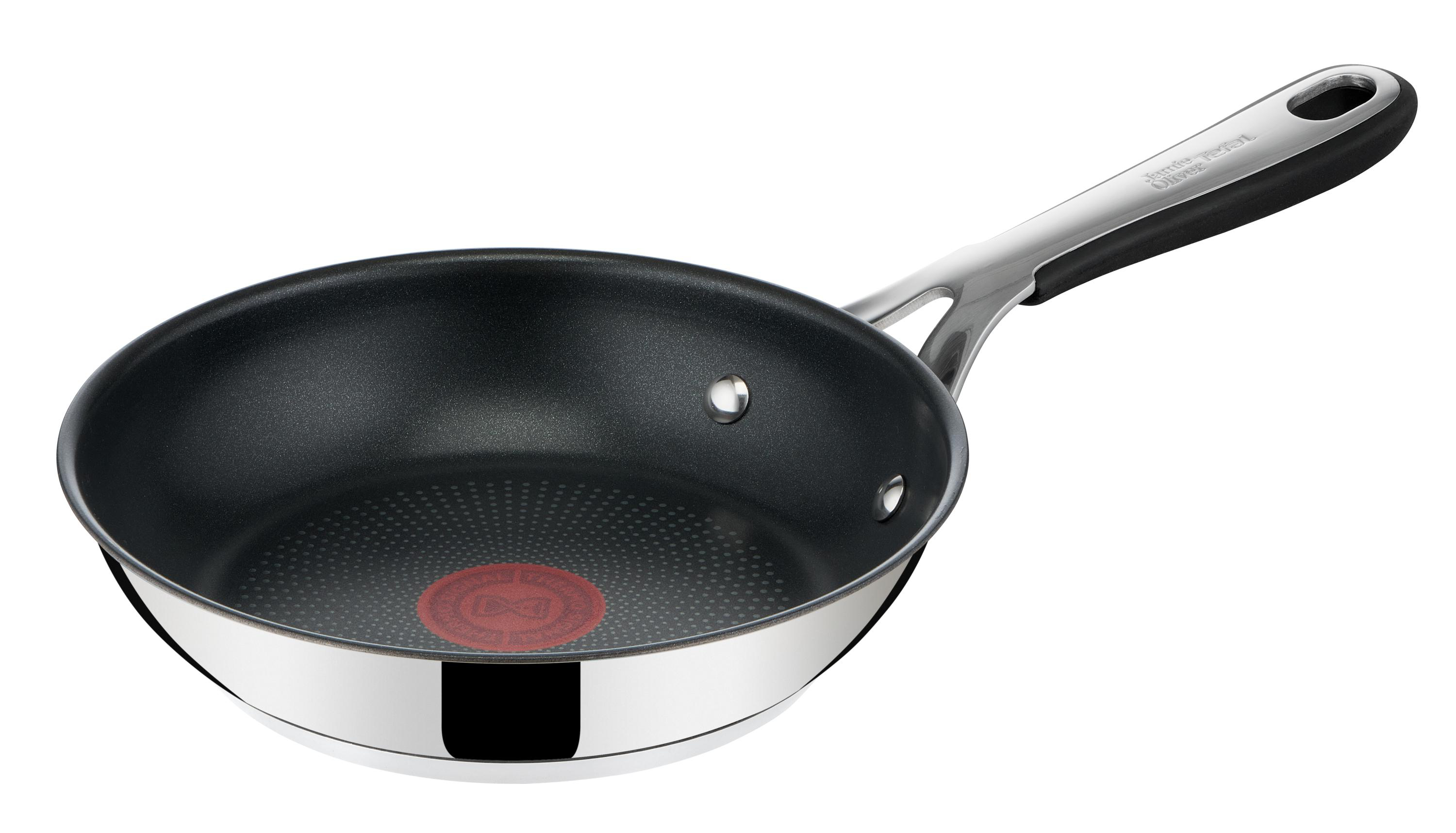 Edelstahl-Bratpfanne mit schwarzem Innenraum. Roter Kreis in der Mitte mit dem Tefal-Logo.
