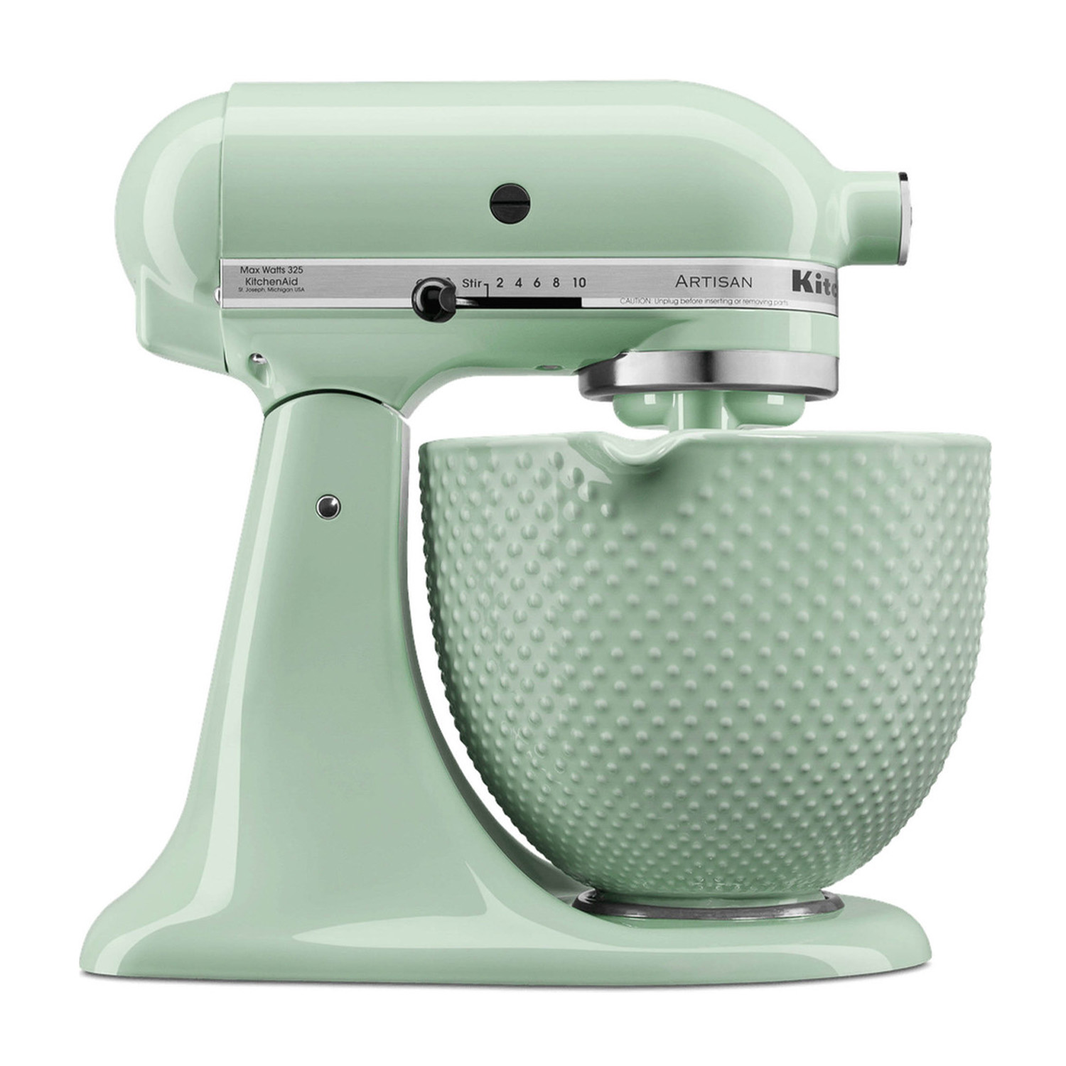 Frullatore KitchenAid verde menta. Ciotola con punti testurizzati. Accenti cromati.