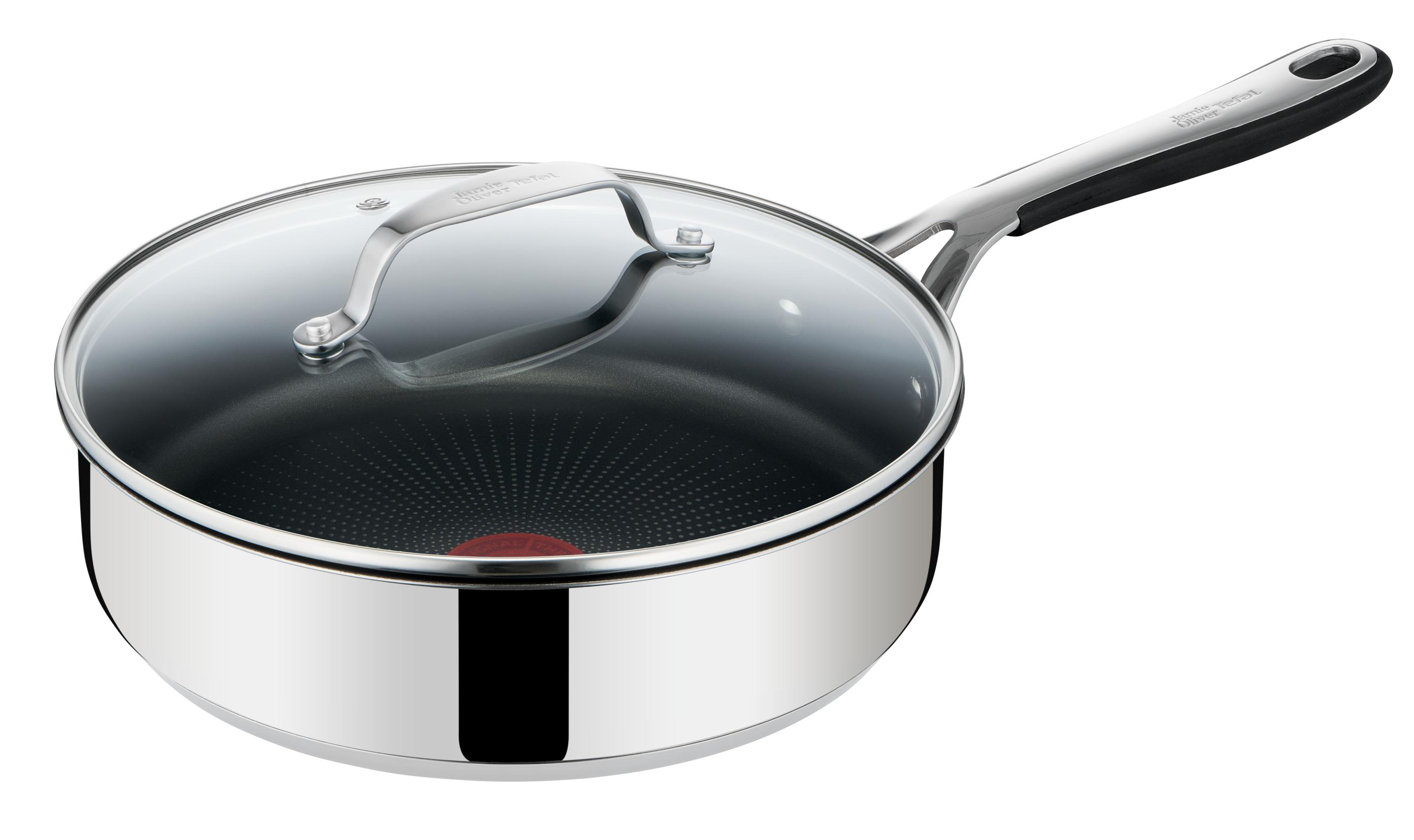 Bratpfanne aus Edelstahl mit Glasdeckel und schwarzem Griff. T-fal Logo ist sichtbar.