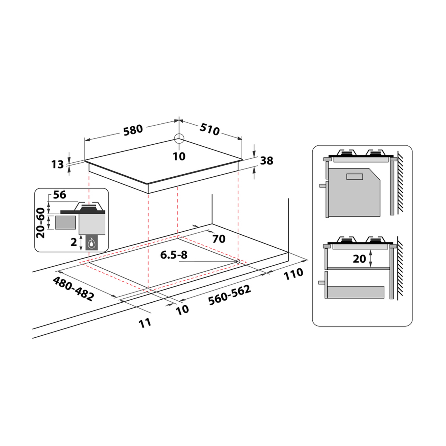 Disegno tecnico di un piano cottura a incasso con dimensioni e dettagli di taglio. Include viste laterali.