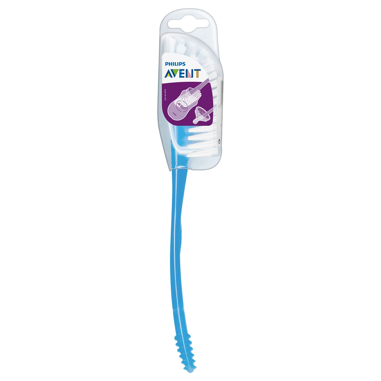 Philips AVENT cumisüveg-kefe műanyag tokban, kék nyéllel, fehér háttérrel.