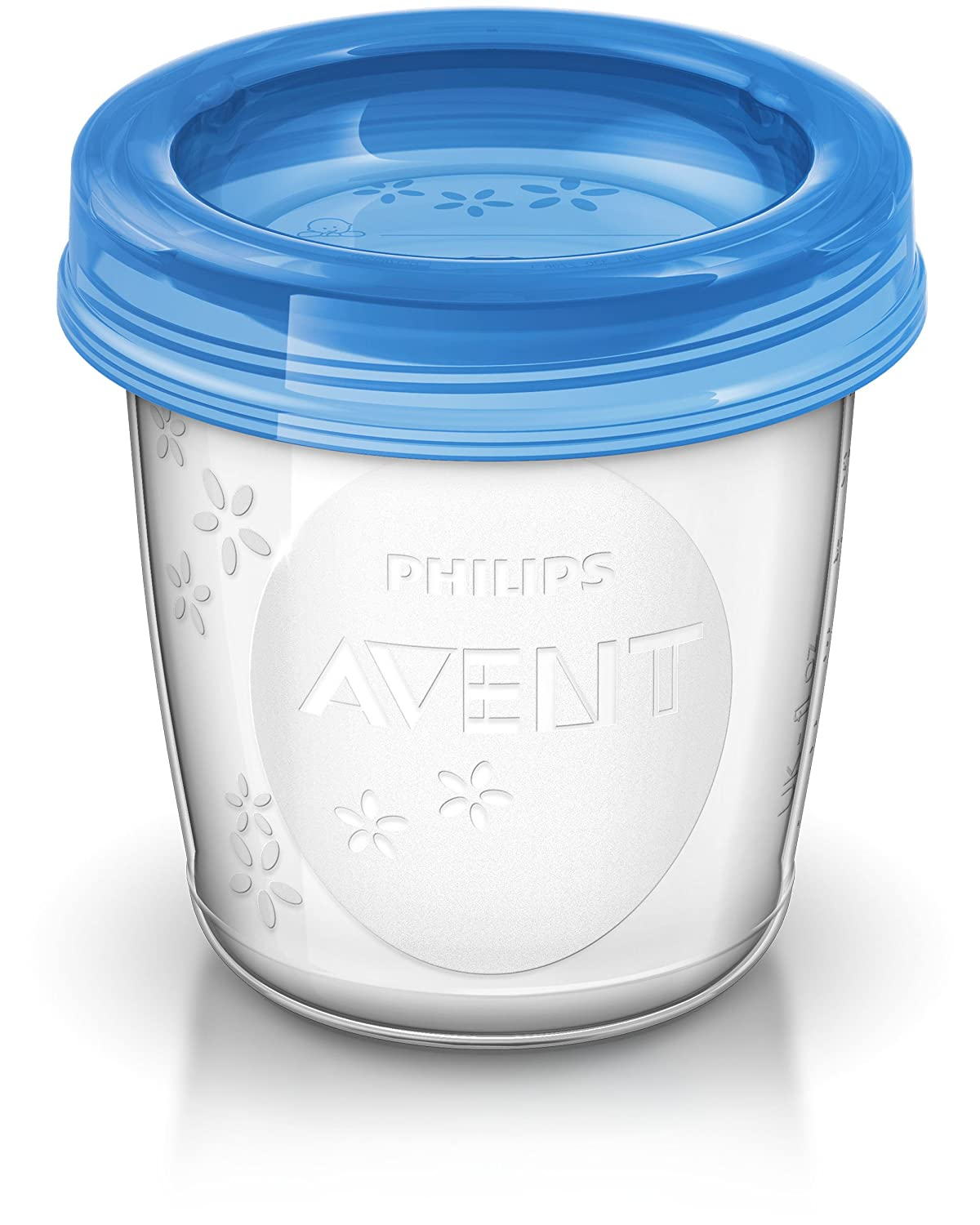 Fehér bébiétel-tartó kék fedővel és a Philips Avent logóval fehér háttér előtt.