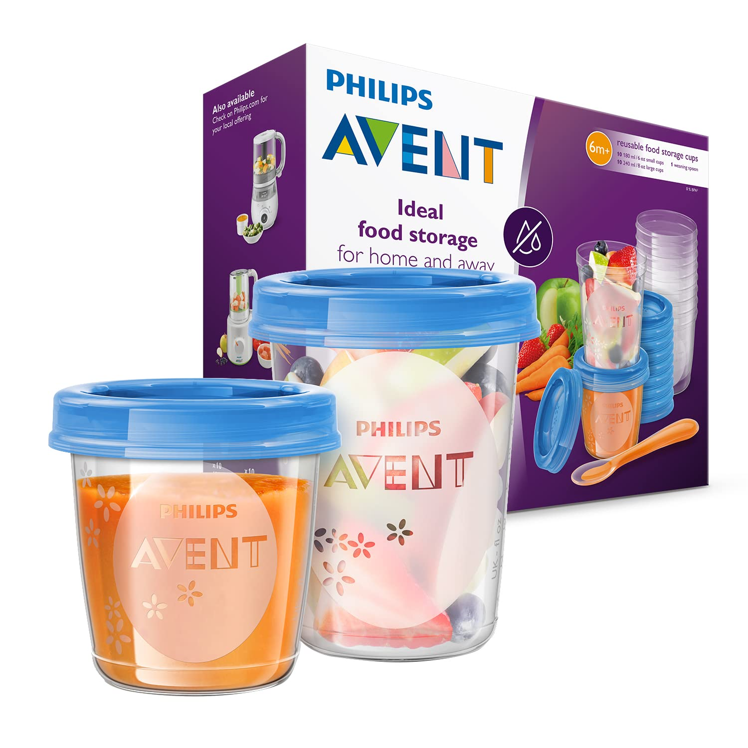 Philips Avent élelmiszertároló edények. Doboz és két edény étellel.